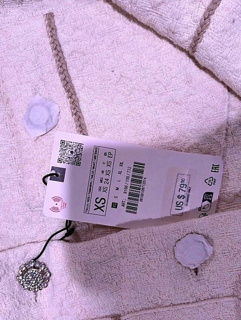 Zara Rhinestone Button Short Jacket Pink XS - Picture 3 of 5
